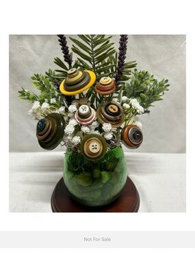 Handcrafted Button Bouquet in Green Crackle Glass Vase - Decorative Home Accent